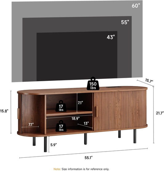 55" TV Stand with Power Outlet, Mid-Century Modern Television Stand, Fluted Media Console with Sliding Doors, Entertainment Center for TVs up to 60 Inch, Adjustable Shelves, Walnut