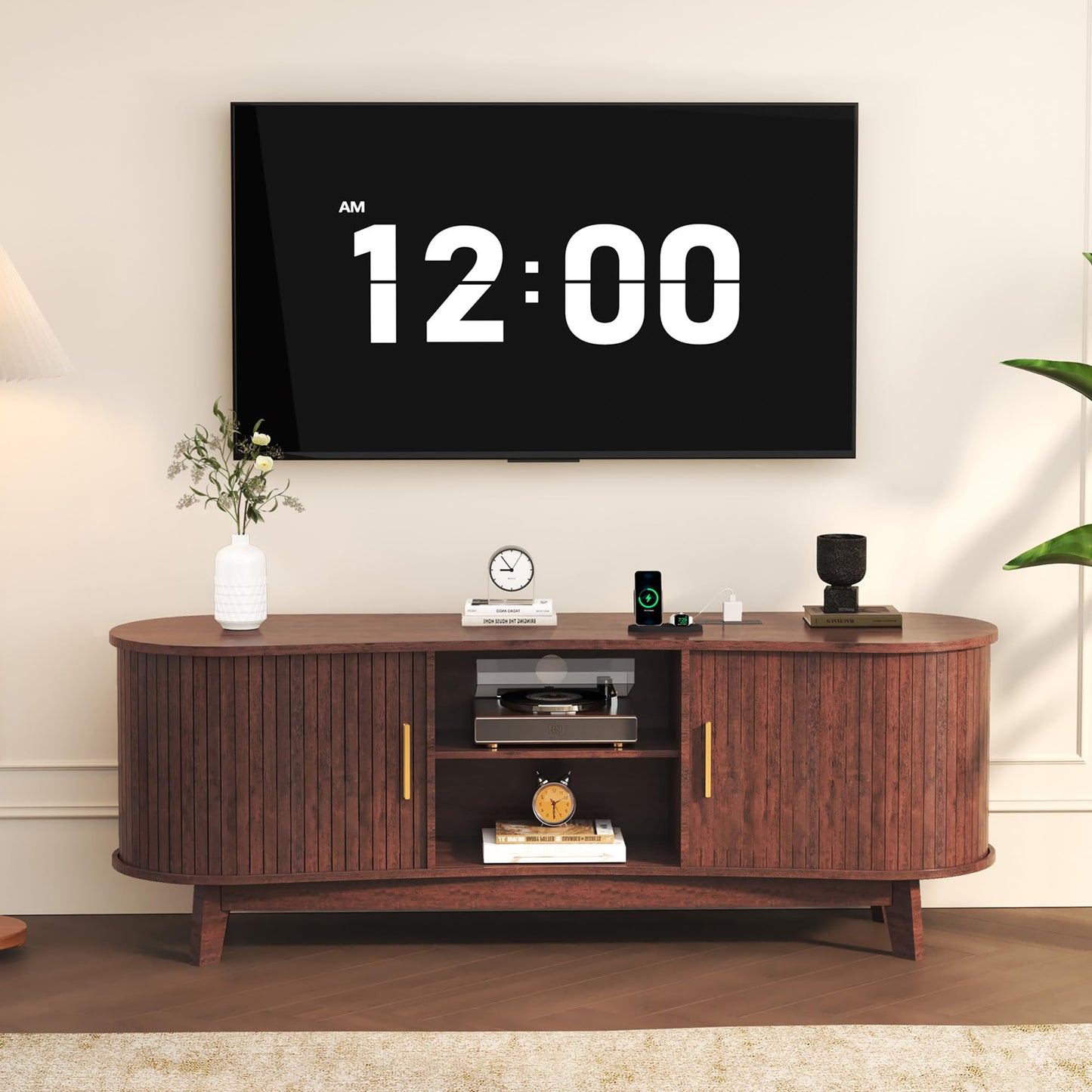 Mid Century Natural Fluted TV Stand with Power Outlet Fits up to 65" TV
