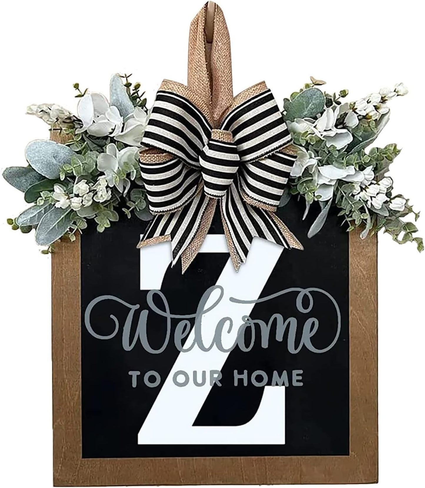 Last Name All Year Round Front Door Wreath with 26 Initial Letter Welcome Sign All Seasons Eucalyptus Garland and Bow ,Farmhouse, Porch, for Spring Summer Fall All Seasons Holiday Halloween Christmas. (M)