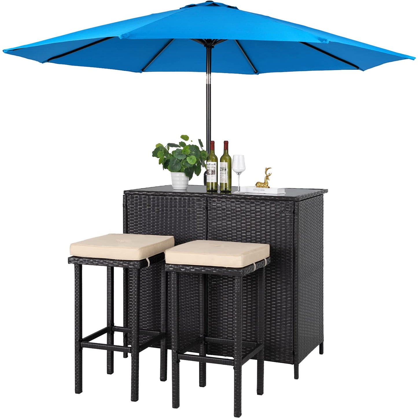 SOLAURA 3-Piece Outdoor Patio Bar Set Black Brown Wicker Bar Table Set Patio Furniture and Two Stools with Cushions for Backyards, Lawn, Garden or Poolside