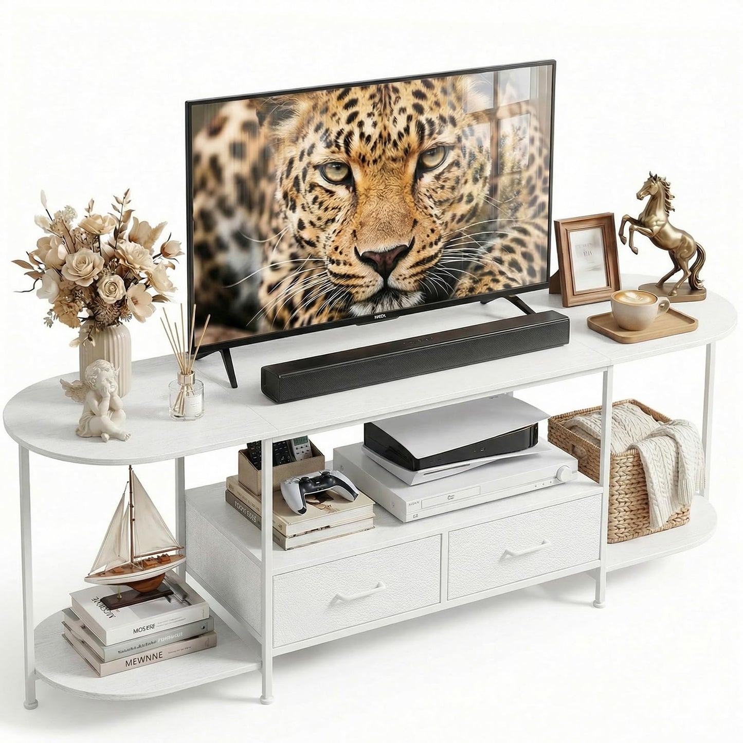 Faesun 63 Inch TV Stand for TVs Up to 70 Inch, Rustic Brown Entertainment Center with 2 Fabric Drawers, Modern TV Console Table with Curved Edge, Wood Media Stand for Living Room Bedroom