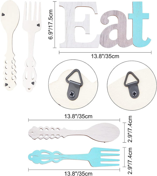 WEBEEDY Set of EAT Sign, Fork and Spoon Wall Decor Rustic Wood Kitchen Decorations Country Wall Art Decorative Hanging Wooden Letters for Home Dining Room Cafe Restaurant