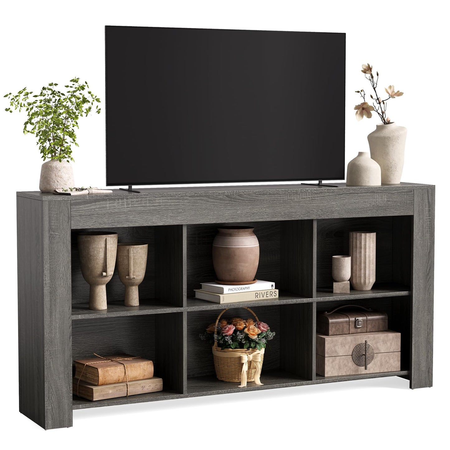 LITTLE TREE TV Stand with Storage, 63-Inch Entertainment Center with Shelves, Modern Media Console for Television up to 65" for Living Room, Bedroom, Brown + Black