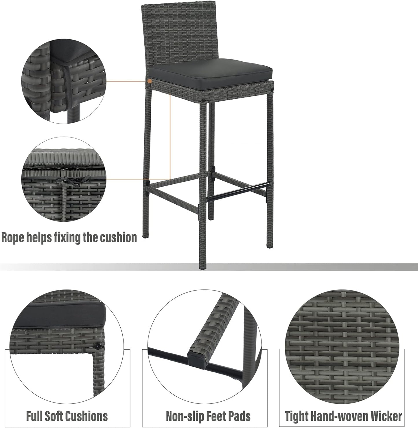Merax 5 Pieces Outdoor Patio Wicker Bar Set, 4 Bar Height Chairs with Nonslip Feet and Gray Removable Cushion, Dining Table with Brown Acacia Wood Top and Gray Wicker