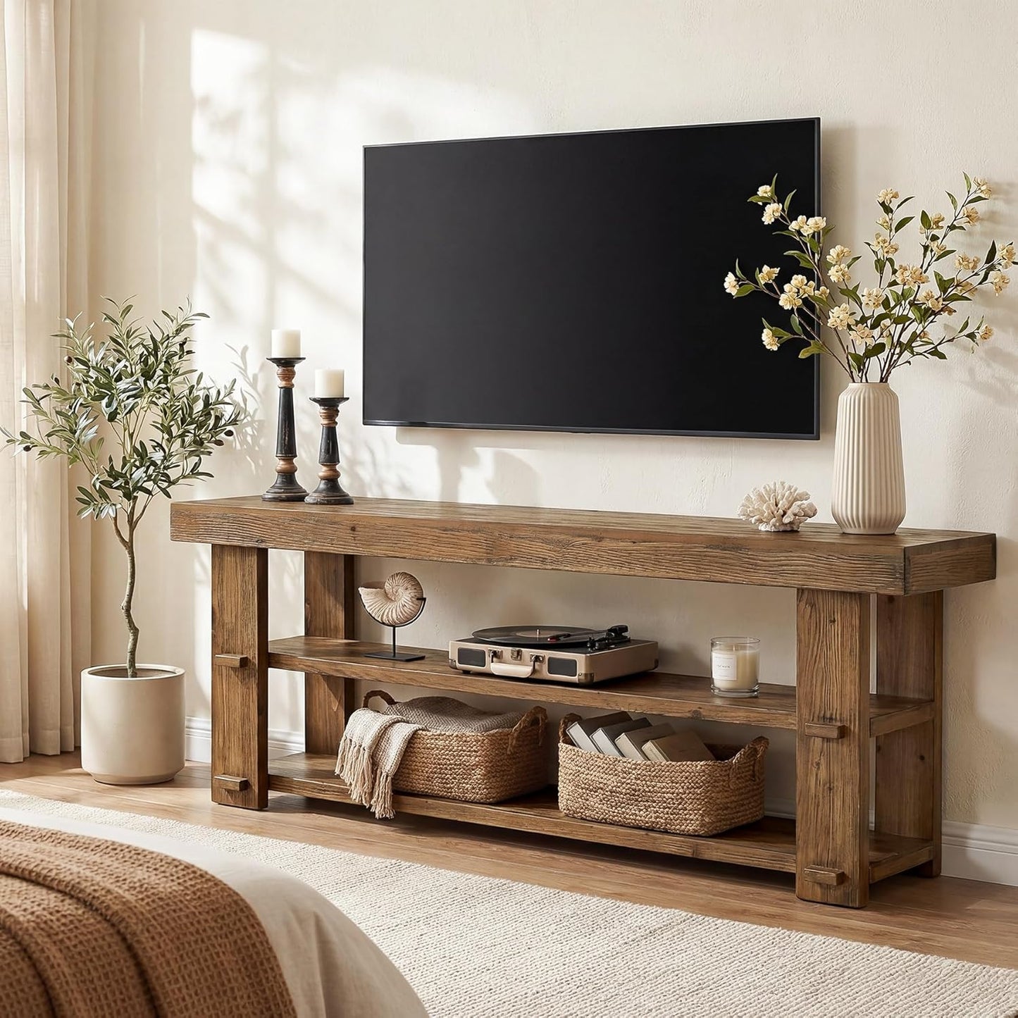 Solid Wood TV Stand for TVs Up to 70 inches, Farmhouse Entertainment Center with 2-Tier Shelves, 55'' Media Console Television Stands for Living Room, Bedroom, Rustic Brown