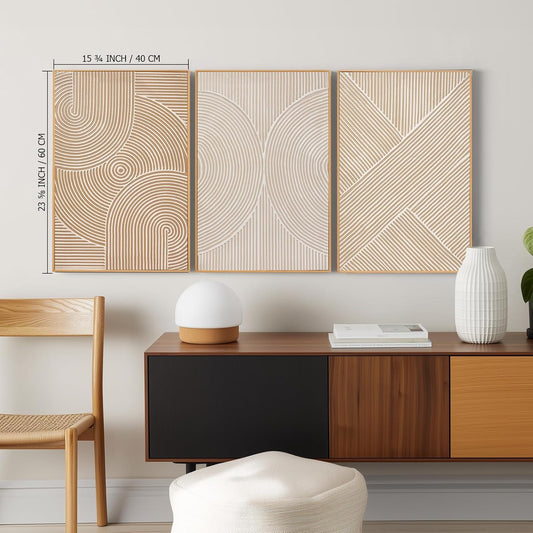Zessonic Neutral Minimalist Textured 3D Wall Art Abstract Hand-Painted Framed Wall Decor Geometric Artwork Canvas Paintings- Living Room Bedroom Office - Modern Boho Neutral Line 16"x24" 3 piece