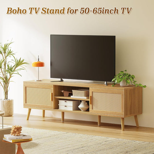 SUPERJARE Boho TV Stand for 65 Inch TV, Entertainment Center with Adjustable Shelf, Rattan TV Console with 2 Cabinets, Media Console, Solid Wood Feet, 4 Cord Holes, for Living Room - Natural