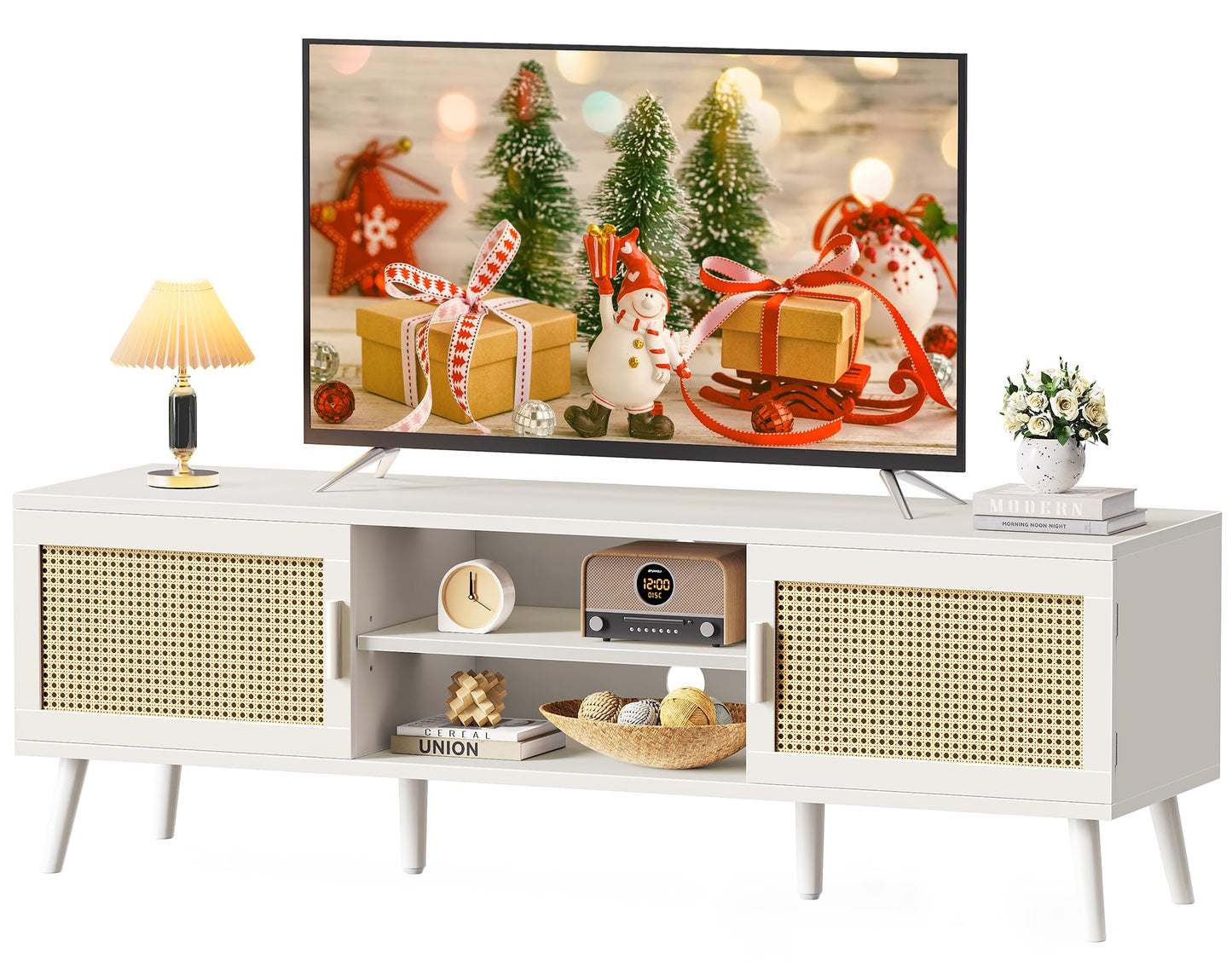 SUPERJARE Boho TV Stand for 65 Inch TV, Entertainment Center with Adjustable Shelf, Rattan TV Console with 2 Cabinets, Media Console, Solid Wood Feet, 4 Cord Holes, for Living Room - Natural