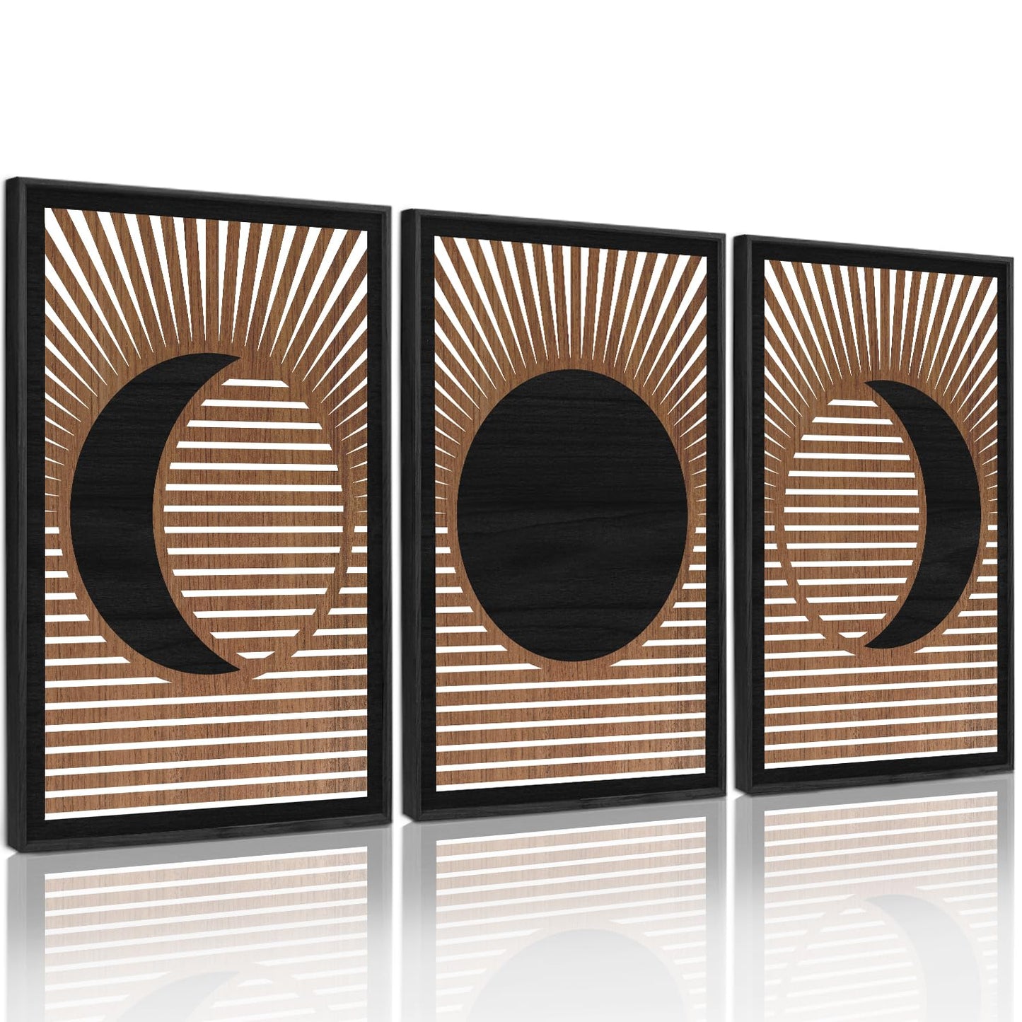 CHDITB Boho Geometric Wood Wall Art(Set of 3, 16"x24"), Large Modern Wooden Panel Hollow Line Art Decor, Rustic Abstract Minimalist Wall Hanging Artwork for Bedroom Living Room Office