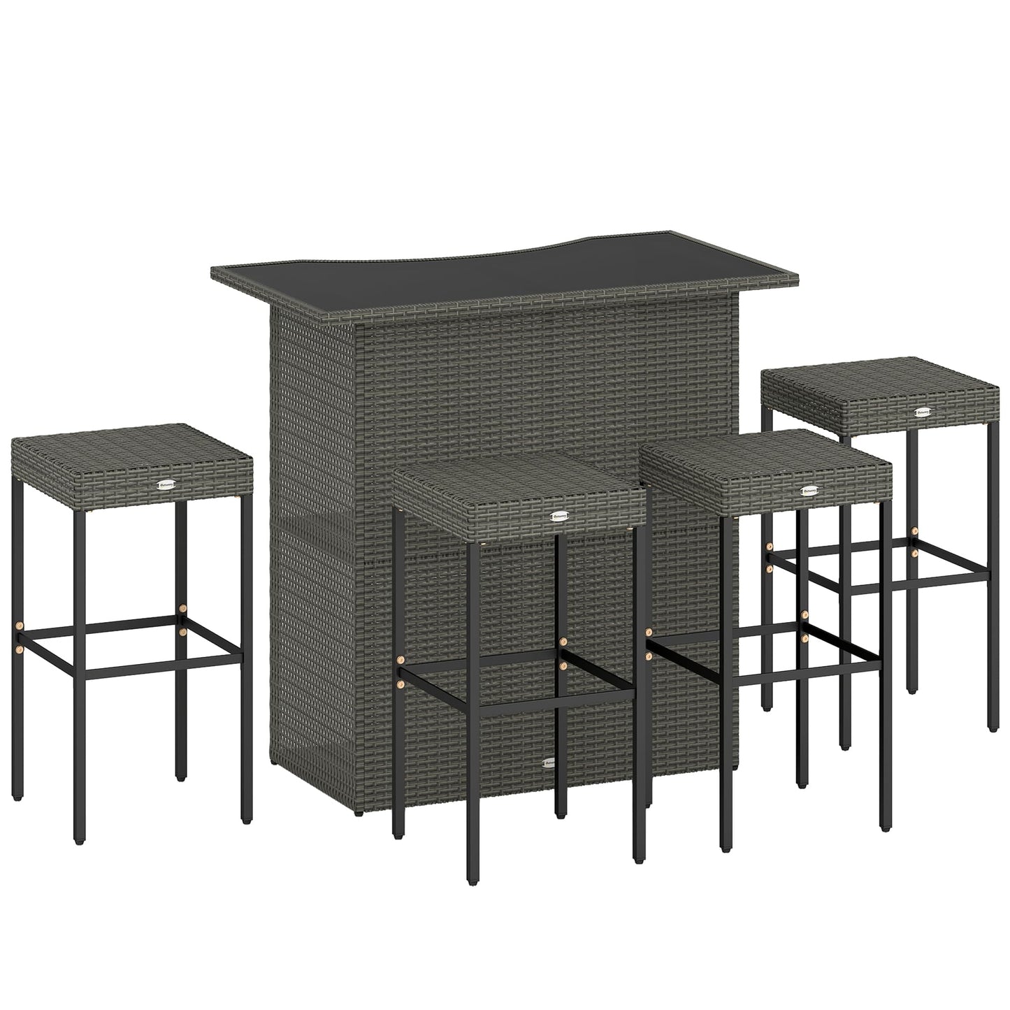 Outsunny 5 Piece Wicker Outdoor Bar Set, High Top Outdoor Table and Chairs, Height Patio Set with Glass Table Top 2 Tier Storage Shelf and 4 Bar Stools for Garden, Poolside, Dark Gray