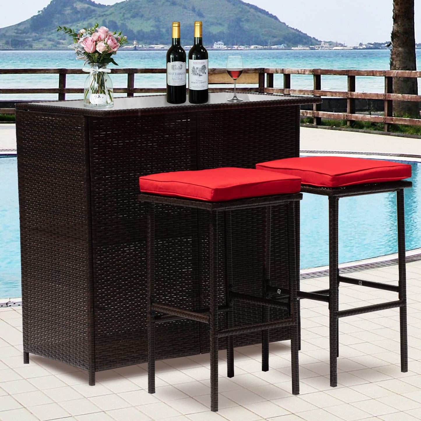 3-Piece Patio Bar Set Outdoor Wicker Bar Set All-Weather Rattan Bar Table Set Outdoor Furniture Set w/2 Stools, Glass Top Table and 2 Thick Cushion for Patios Backyards Porches Gardens Poolside, Khaki