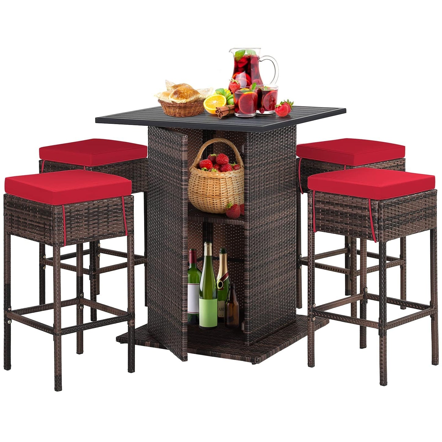 HAPPYGRILL 5 Pieces Rattan Bar Set, Outdoor Wicker Bar Table and 4 Bar Stools, Heavy-Duty Steel Frame, Patio Bar Furniture Set with Cushions, Black