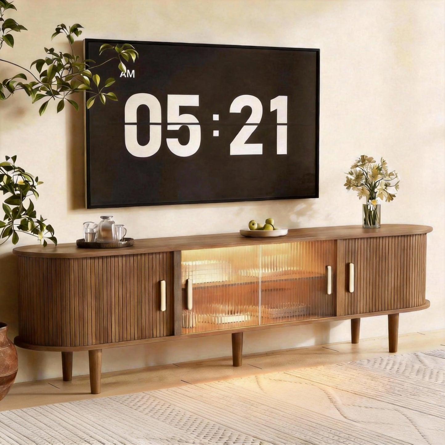70" Natural Oak Fluted LED TV Stand Fits up to 75" TV with Sliding Doors & Glass Shelf