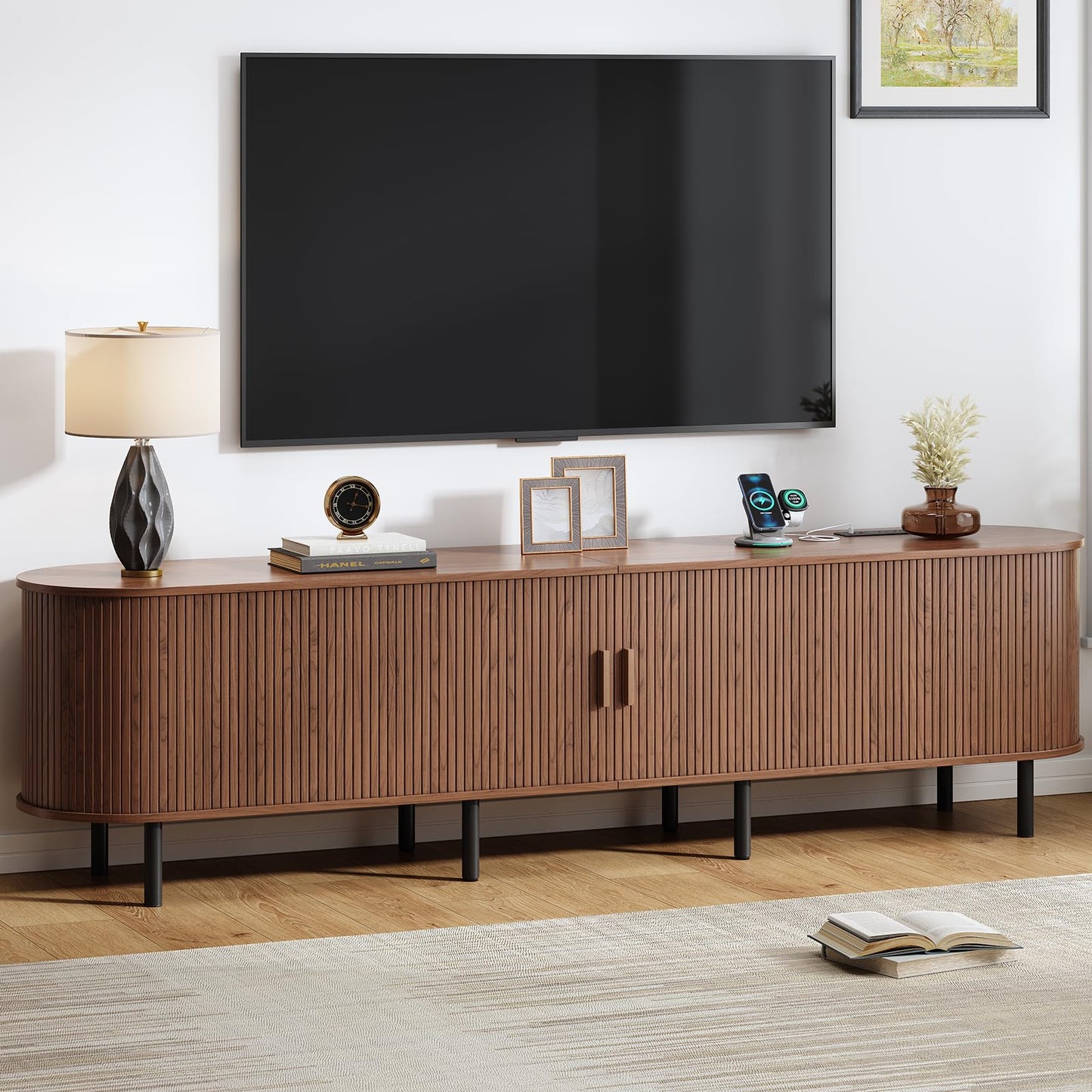 55" TV Stand with Power Outlet, Mid-Century Modern Television Stand, Fluted Media Console with Sliding Doors, Entertainment Center for TVs up to 60 Inch, Adjustable Shelves, Walnut
