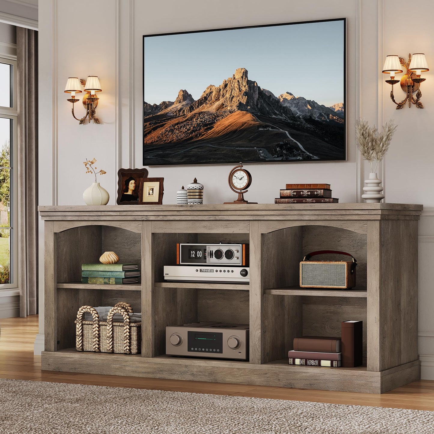 YITAHOME Farmhouse TV Stand for 65 Inch TV, Entertainment Center with Adjustable Shelf, Large TV Console Table for Living Room (Walnut)