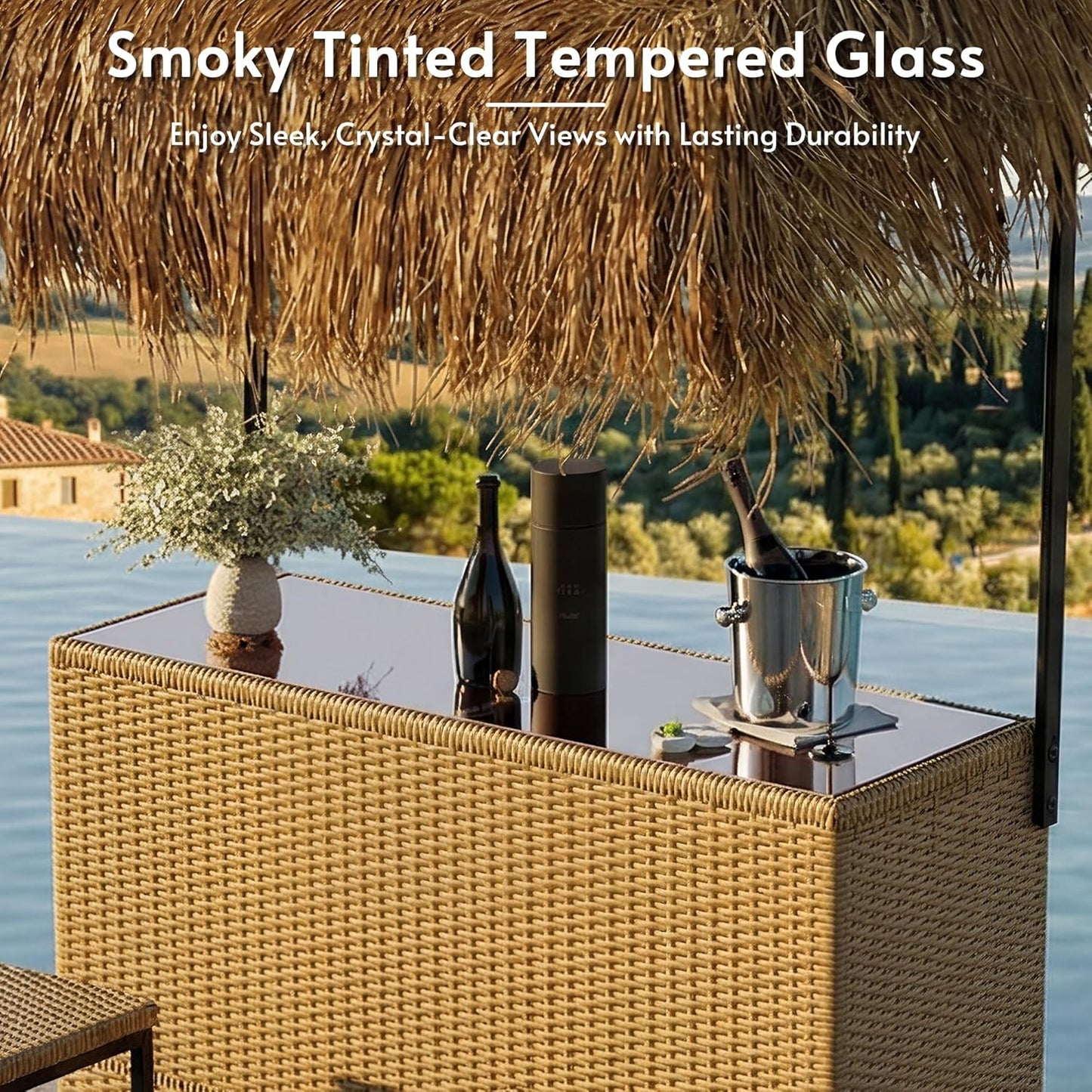 Outdoor Tiki Bar Set with Widen Hula Thatched Shade(48" L), 3-Piece Wicker Outside Tiki Bars with 2 Stools, Hawaiian Style Beach Outside Bars for Patio, Garden, Poolside, Backyard