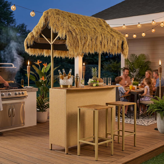 3-Piece Acacia Wood Tiki Bar Set with Thatched Canopy & 2 Stools for Outdoor Patio Poolside