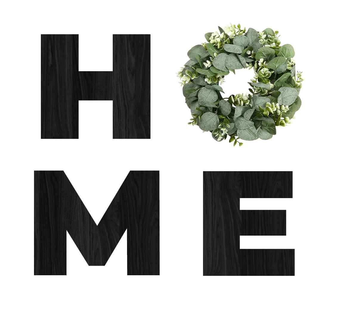 Wood Home Sign with Artificial Eucalyptus Wreath for O, Hanging Farmhouse Wall House Decor Wood Letters for Wall Art Rustic Home Decor, Wall Decor for Living Room Kitchen Entryway (Black)