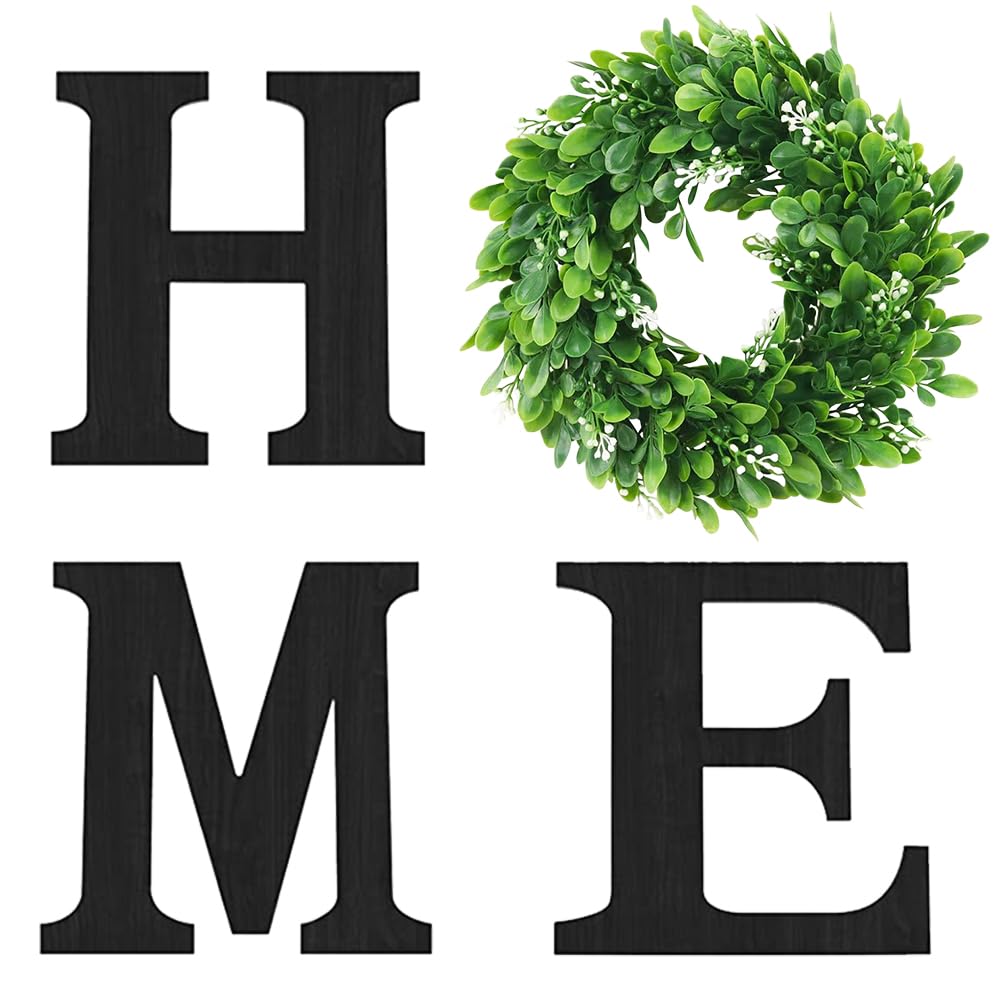 Wood Home Sign with Artificial Eucalyptus Wreath for O, Hanging Farmhouse Wall House Decor Wood Letters for Wall Art Rustic Home Decor, Wall Decor for Living Room Kitchen Entryway (Black)