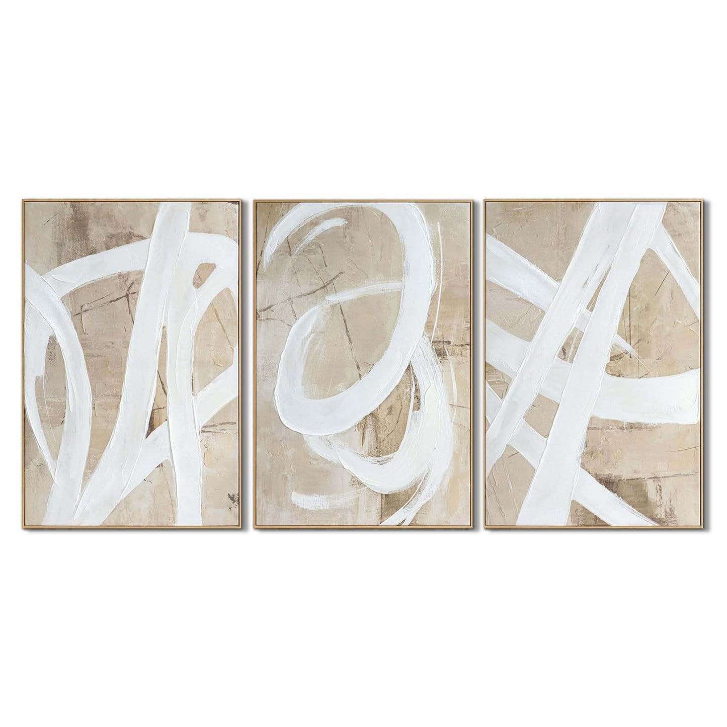 Zessonic Neutral Minimalist Textured 3D Wall Art Abstract Hand-Painted Framed Wall Decor Geometric Artwork Canvas Paintings- Living Room Bedroom Office - Modern Boho Neutral Line 16"x24" 3 piece
