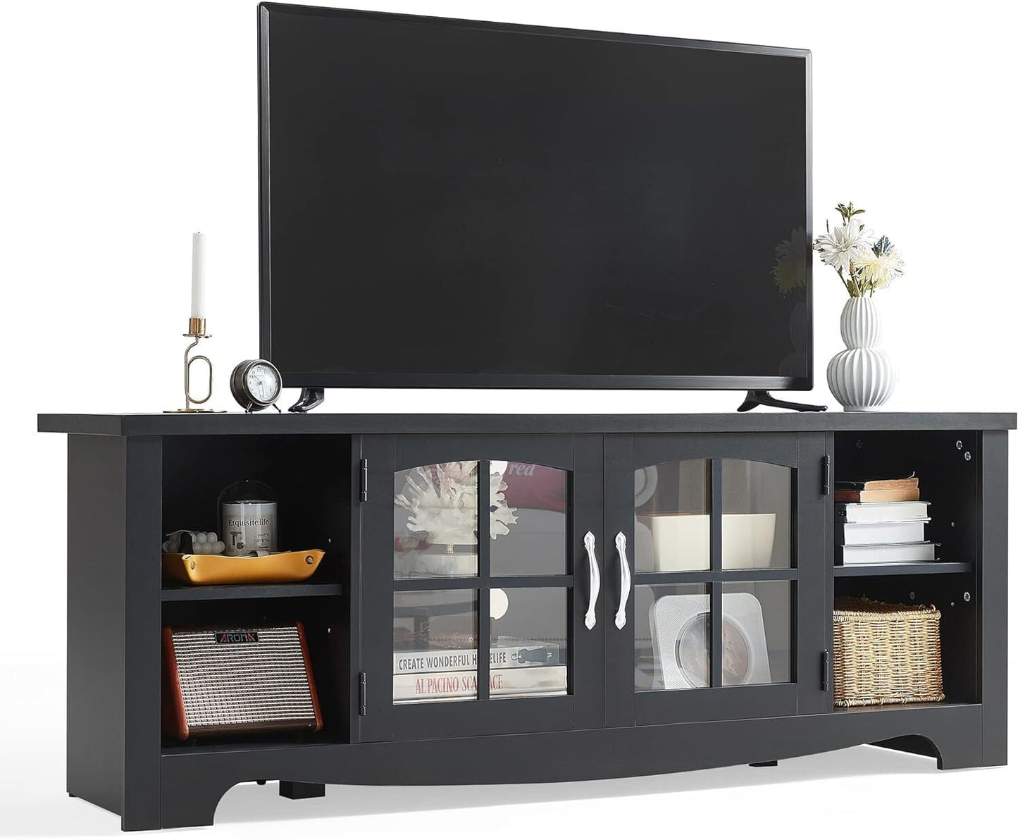 LINSY HOME TV Stand for 75 Inch TV, Modern Farmhouse Entertainment Center with Storage Cabinets and Glass Doors, Tall Media Console Table for Living Room, Bedroom, Large Long Television Stand, Brown