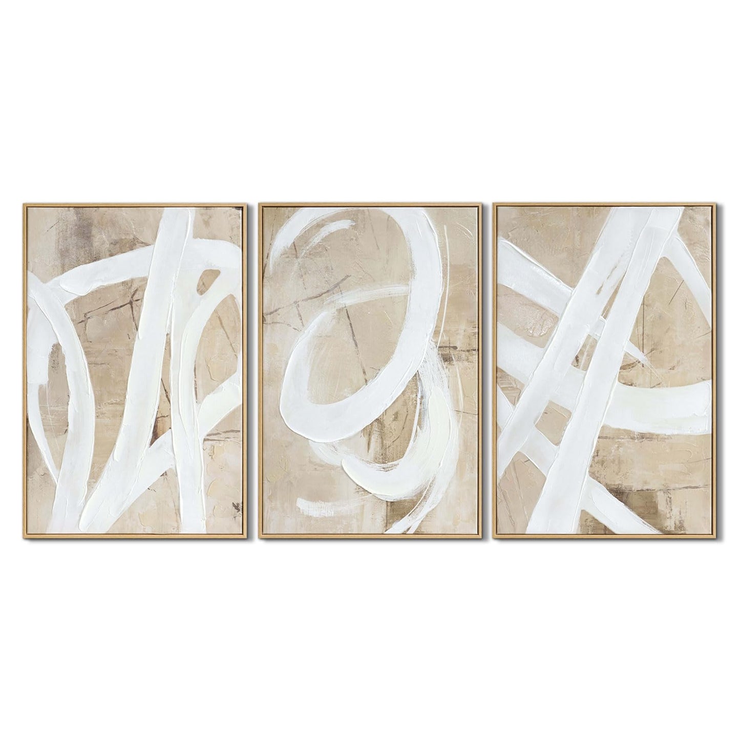 Zessonic Neutral Minimalist Textured 3D Wall Art Abstract Hand-Painted Framed Wall Decor Geometric Artwork Canvas Paintings- Living Room Bedroom Office - Modern Boho Neutral Line 16"x24" 3 piece