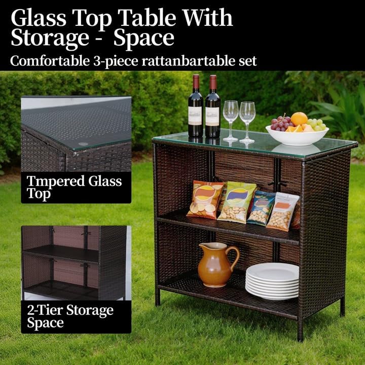 3 Piece Patio Bar Set,Patio Wicker Bar Furniture with 2 Storage Shelves, Glass Top Table, Cushions and Two Stools,Outside Bars for Patio Entertainment, Blue