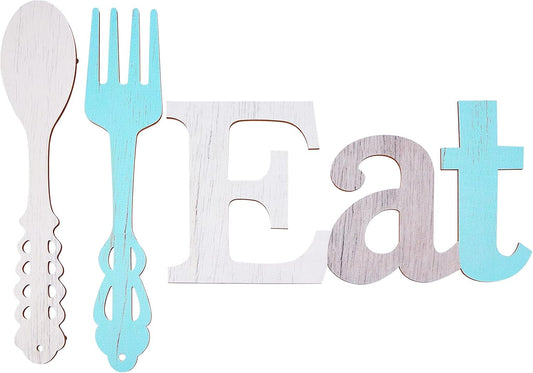 WEBEEDY Set of EAT Sign, Fork and Spoon Wall Decor Rustic Wood Kitchen Decorations Country Wall Art Decorative Hanging Wooden Letters for Home Dining Room Cafe Restaurant