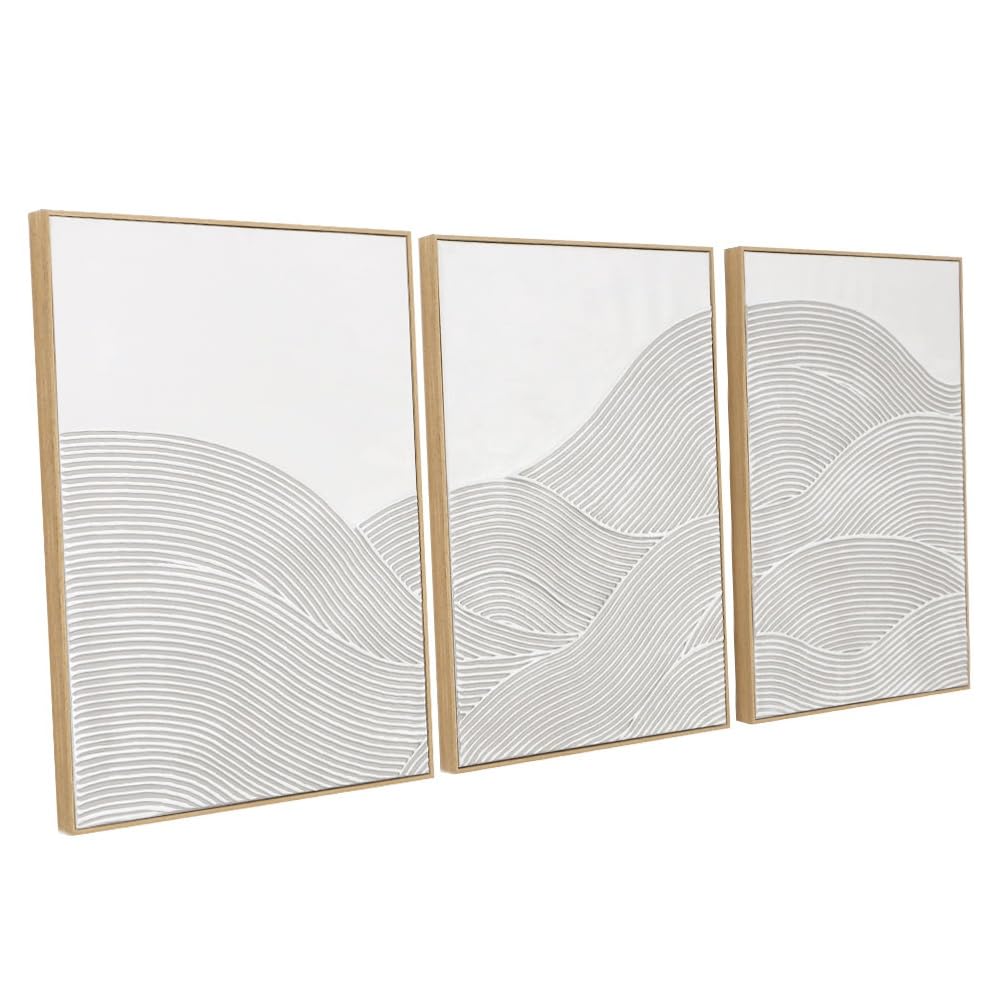 Zessonic Neutral Minimalist Textured 3D Wall Art Abstract Hand-Painted Framed Wall Decor Geometric Artwork Canvas Paintings- Living Room Bedroom Office - Modern Boho Neutral Line 16"x24" 3 piece