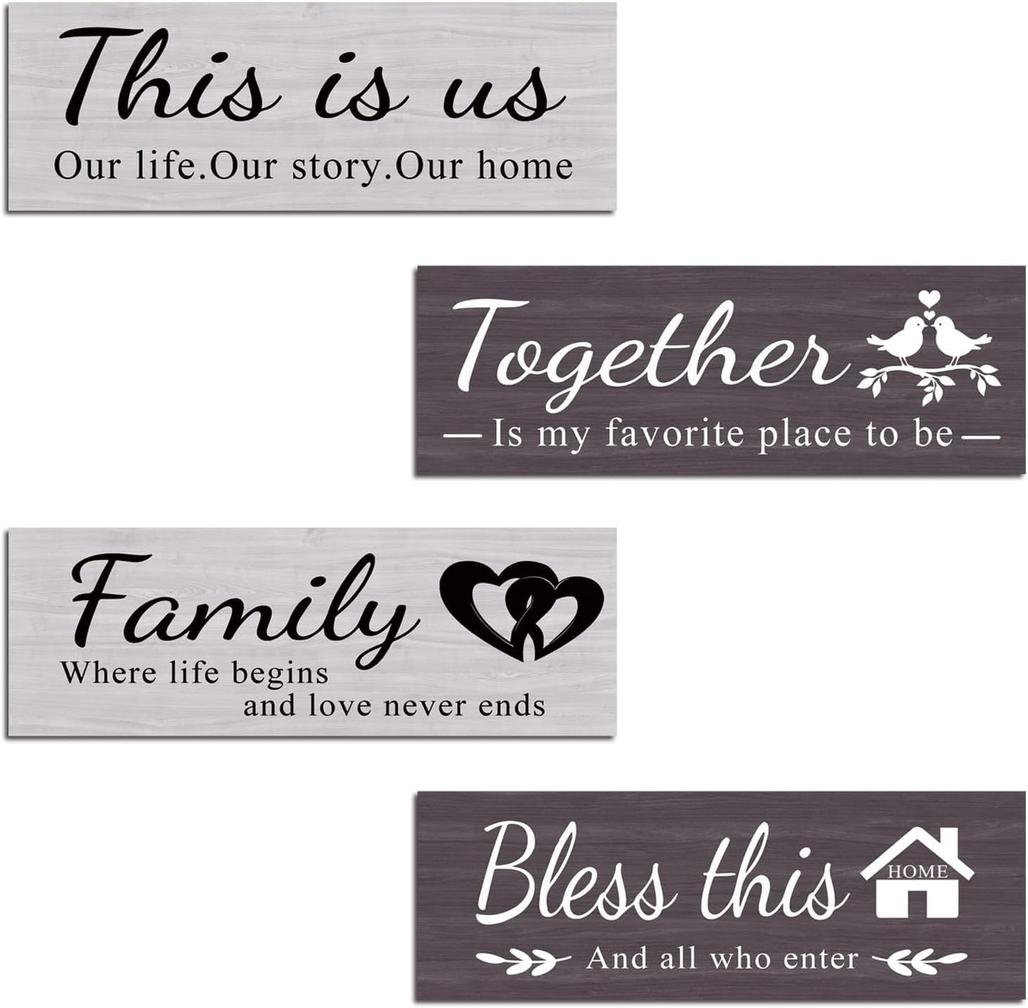 4 pcs home wall decor house decor "THIS IS US/TOGETHER/BLESS THIS HOME/FAMILY", wall decor living room family sign Rustic Wooden Farmhouse Art 13.8x4.72inch