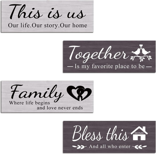 4 pcs home wall decor house decor "THIS IS US/TOGETHER/BLESS THIS HOME/FAMILY", wall decor living room family sign Rustic Wooden Farmhouse Art 13.8x4.72inch
