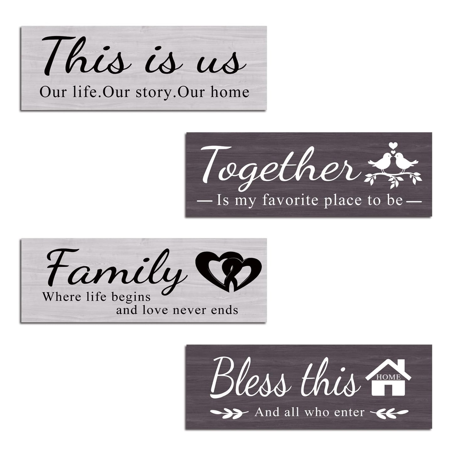 4 pcs home wall decor house decor "THIS IS US/TOGETHER/BLESS THIS HOME/FAMILY", wall decor living room family sign Rustic Wooden Farmhouse Art 13.8x4.72inch