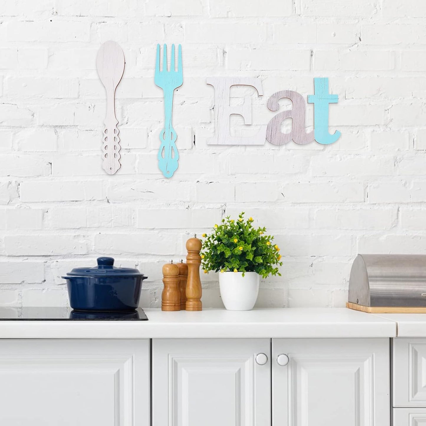WEBEEDY Set of EAT Sign, Fork and Spoon Wall Decor Rustic Wood Kitchen Decorations Country Wall Art Decorative Hanging Wooden Letters for Home Dining Room Cafe Restaurant