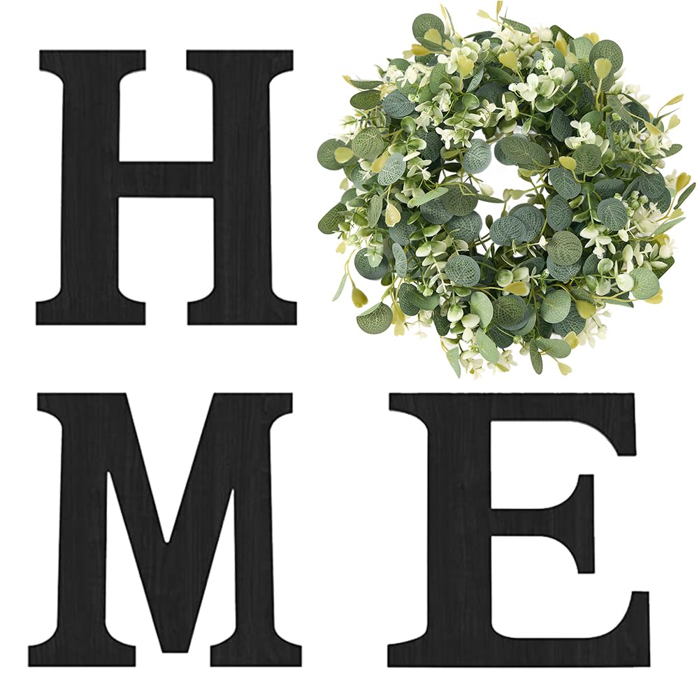 Wood Home Sign with Artificial Eucalyptus Wreath for O, Hanging Farmhouse Wall House Decor Wood Letters for Wall Art Rustic Home Decor, Wall Decor for Living Room Kitchen Entryway (Black)