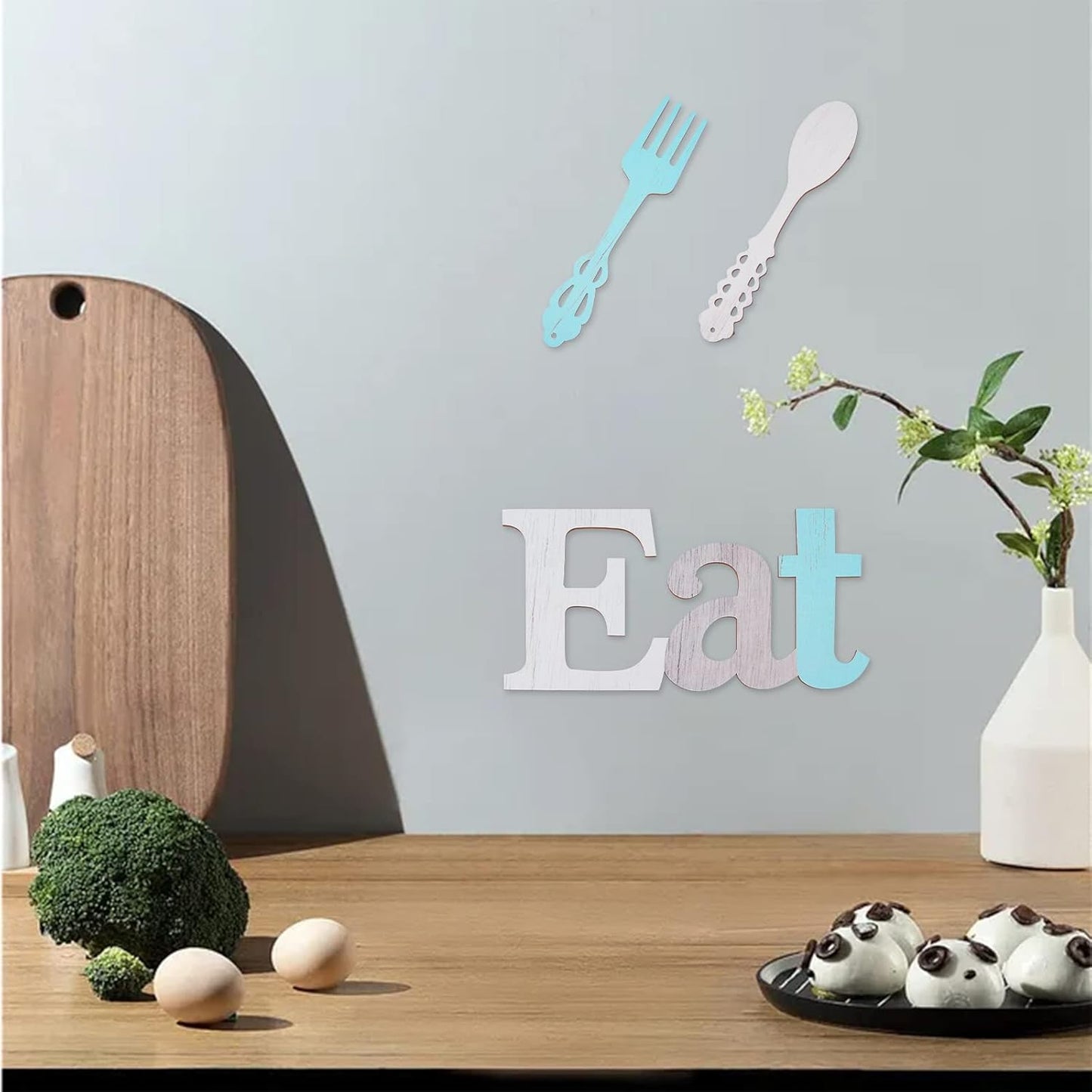 WEBEEDY Set of EAT Sign, Fork and Spoon Wall Decor Rustic Wood Kitchen Decorations Country Wall Art Decorative Hanging Wooden Letters for Home Dining Room Cafe Restaurant