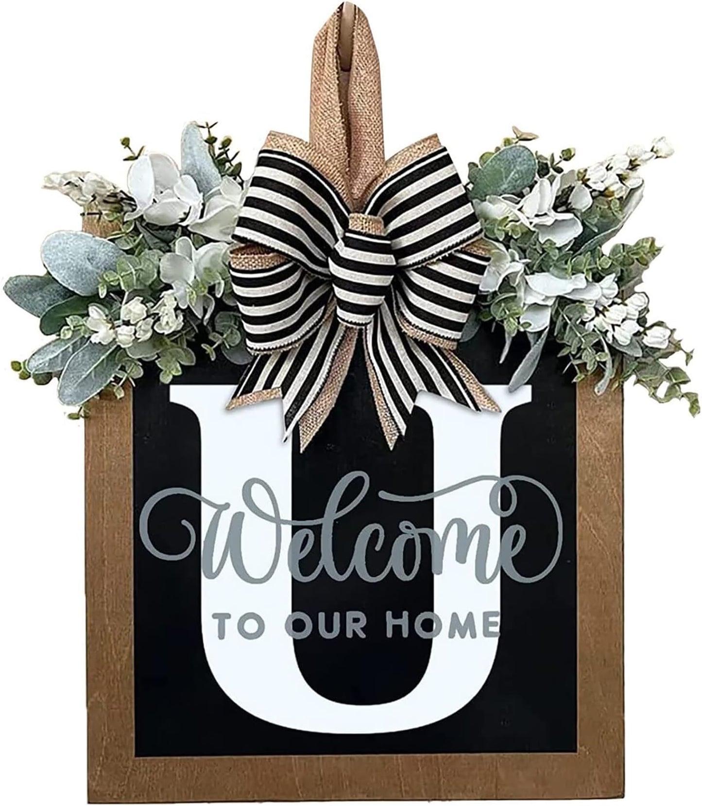 Last Name All Year Round Front Door Wreath with 26 Initial Letter Welcome Sign All Seasons Eucalyptus Garland and Bow ，Farmhouse, Porch, for Spring Summer Fall All Seasons Holiday Halloween Christmas. (M)