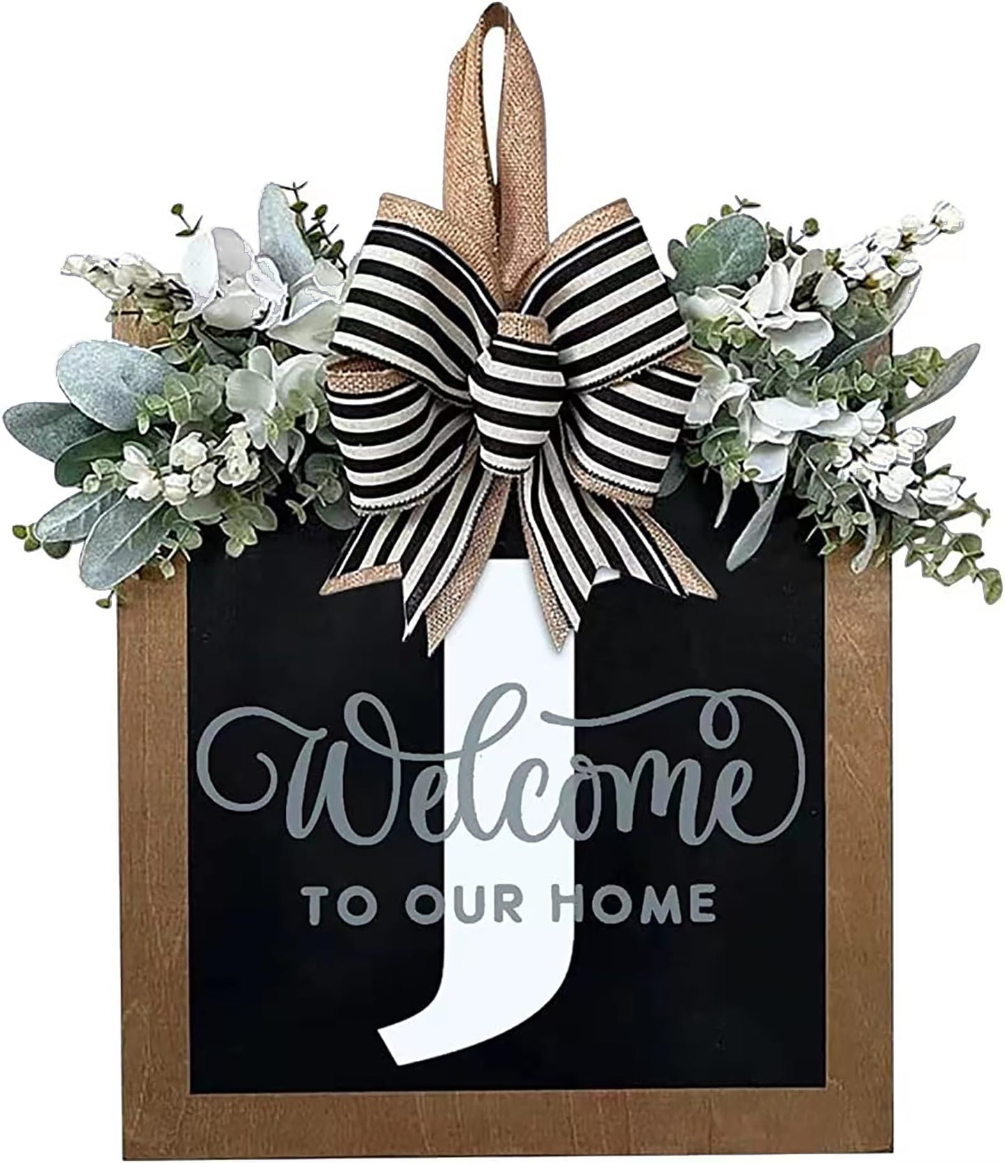 Last Name All Year Round Front Door Wreath with 26 Initial Letter Welcome Sign All Seasons Eucalyptus Garland and Bow ，Farmhouse, Porch, for Spring Summer Fall All Seasons Holiday Halloween Christmas. (M)