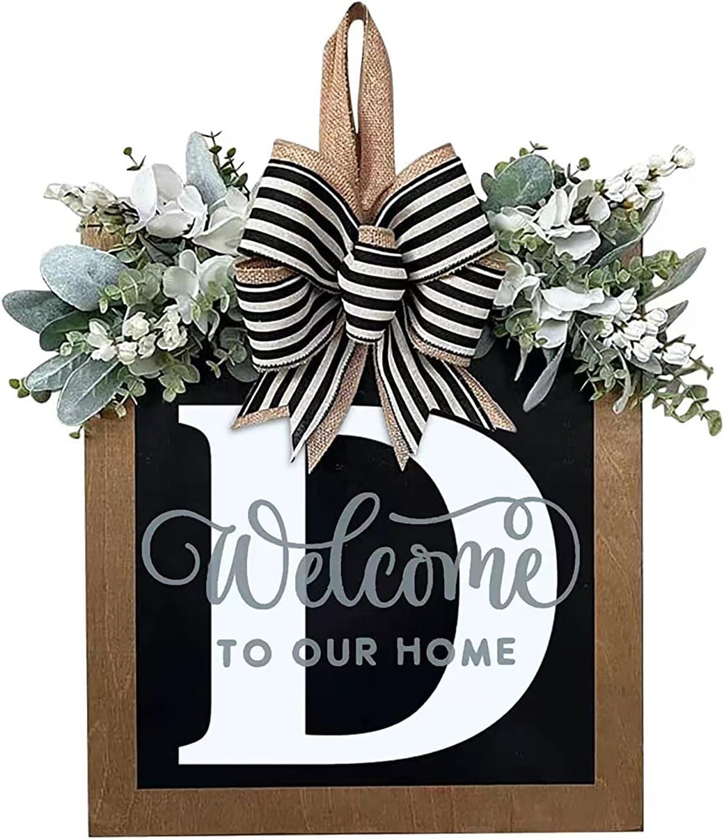 Last Name All Year Round Front Door Wreath with 26 Initial Letter Welcome Sign All Seasons Eucalyptus Garland and Bow ，Farmhouse, Porch, for Spring Summer Fall All Seasons Holiday Halloween Christmas. (M)