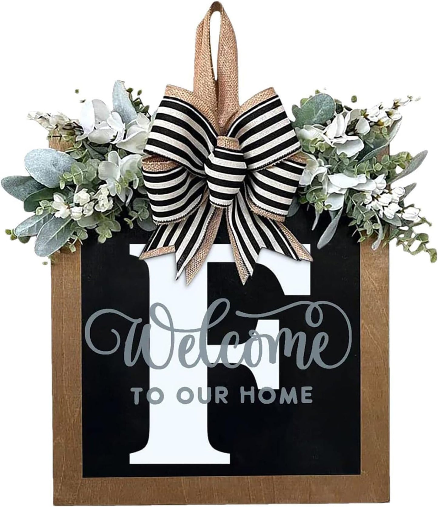 Last Name All Year Round Front Door Wreath with 26 Initial Letter Welcome Sign All Seasons Eucalyptus Garland and Bow ，Farmhouse, Porch, for Spring Summer Fall All Seasons Holiday Halloween Christmas. (M)