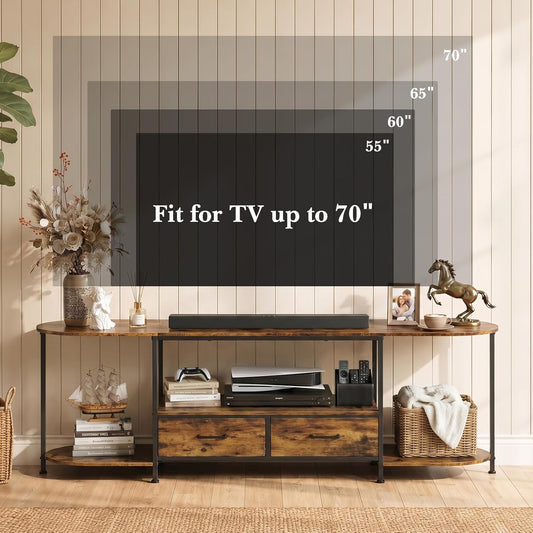 Faesun 63 Inch TV Stand for TVs Up to 70 Inch, Rustic Brown Entertainment Center with 2 Fabric Drawers, Modern TV Console Table with Curved Edge, Wood Media Stand for Living Room Bedroom