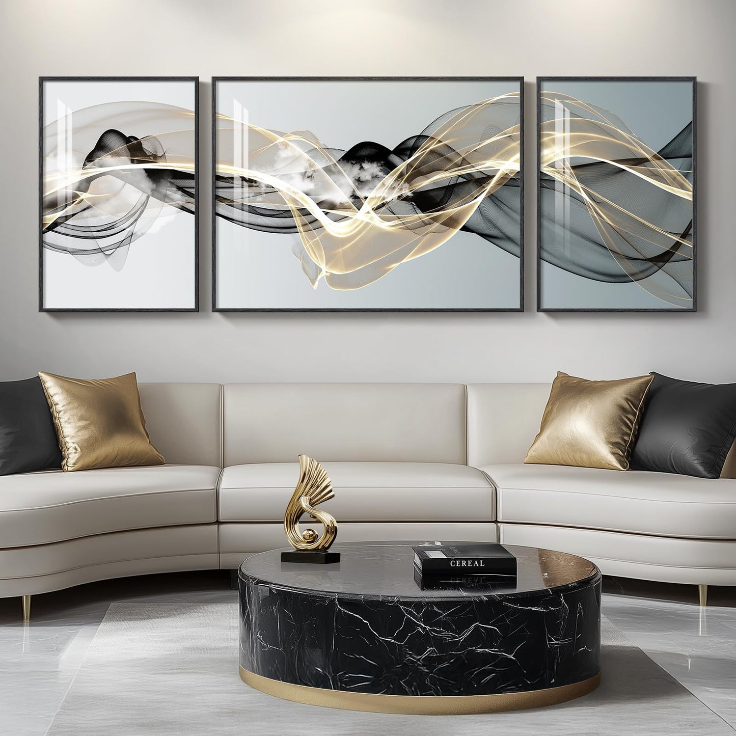 3-Piece 24×36" Gold Geometric Framed Wall Art Luxury Modern Decor for Living Room Office