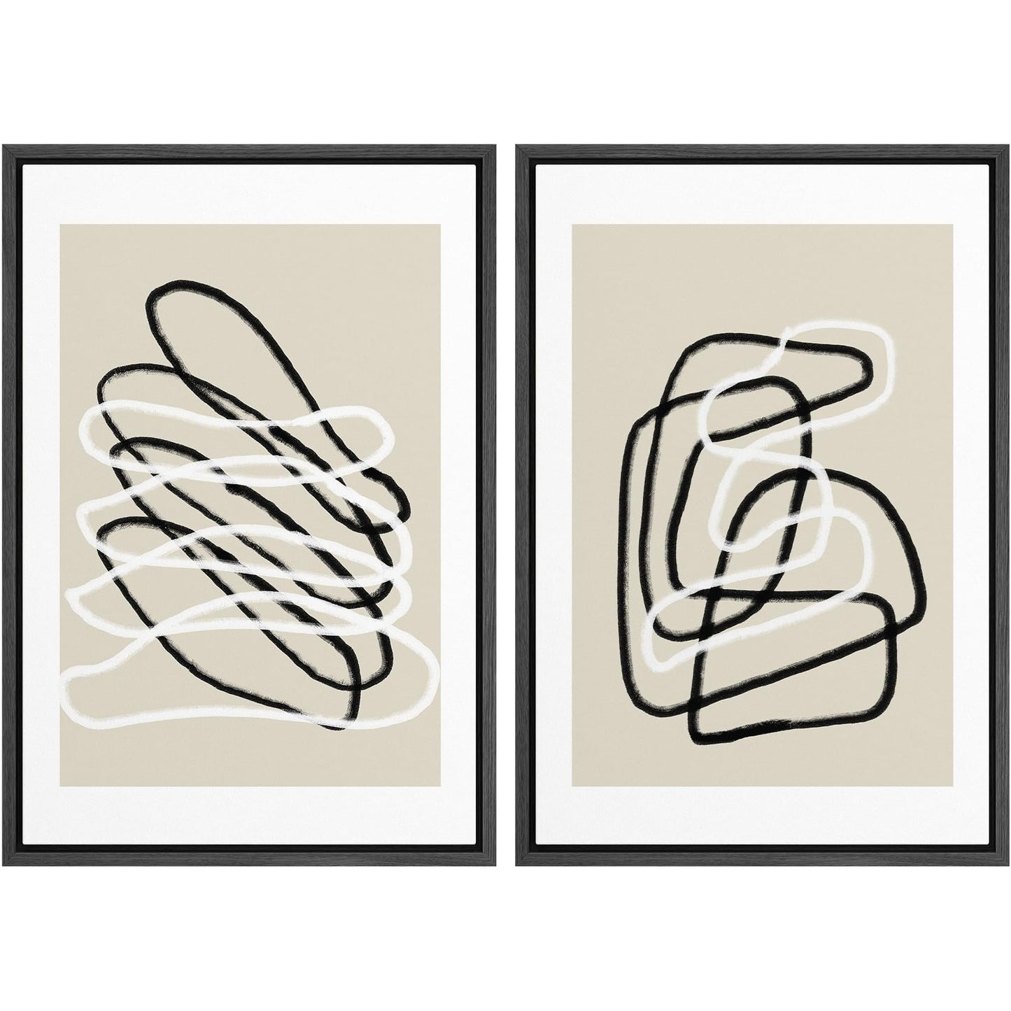 SIGNWIN Framed Canvas Print Wall Art Set Geometric Mid-Century Spiral Collage Abstract Shapes Cozy Neutral Minimal Decorative Nordic Zen Bohemian for Living Room, Bedroom, Office - 16"x24"x2 Black