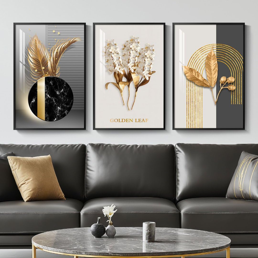 3-Piece 24×36" Gold Geometric Framed Wall Art Luxury Modern Decor for Living Room Office
