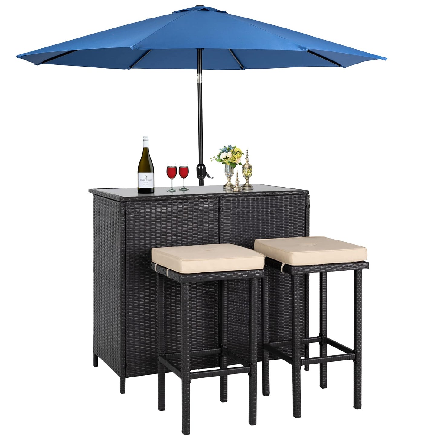 Crownland 3-Piece Wicker Patio Outdoor Bar Set, 2 Stools and 1 Glass Top Table, Bistro Set, Brown Furniture for Deck, Lawn, Backyard