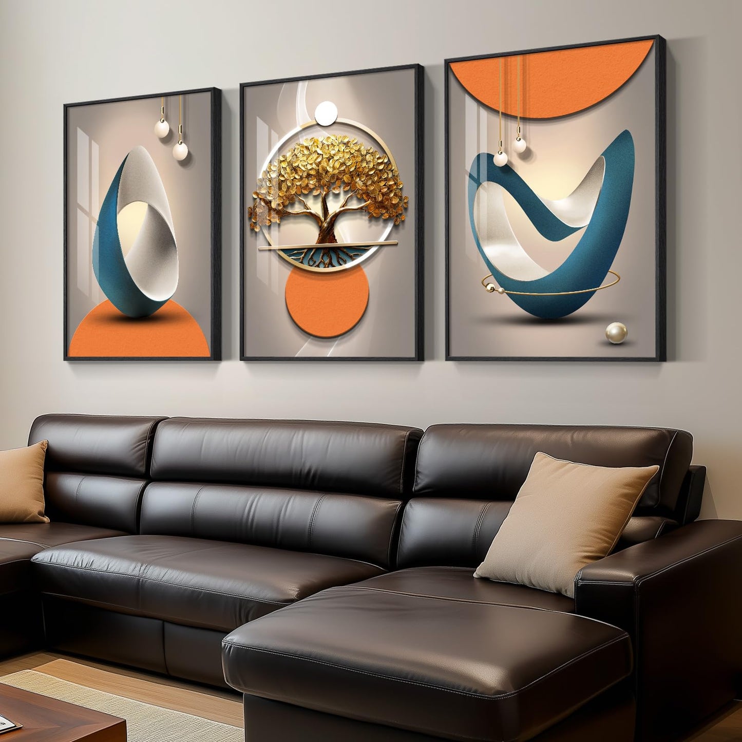 3-Piece 24×36" Gold Geometric Framed Wall Art Luxury Modern Decor for Living Room Office