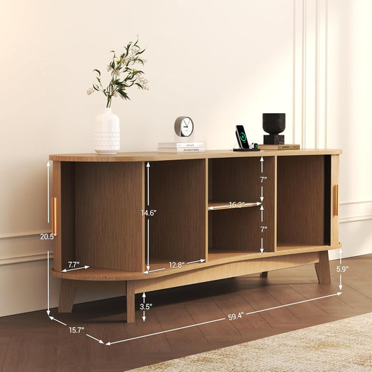 Mid Century Natural Fluted TV Stand with Power Outlet Fits up to 65" TV