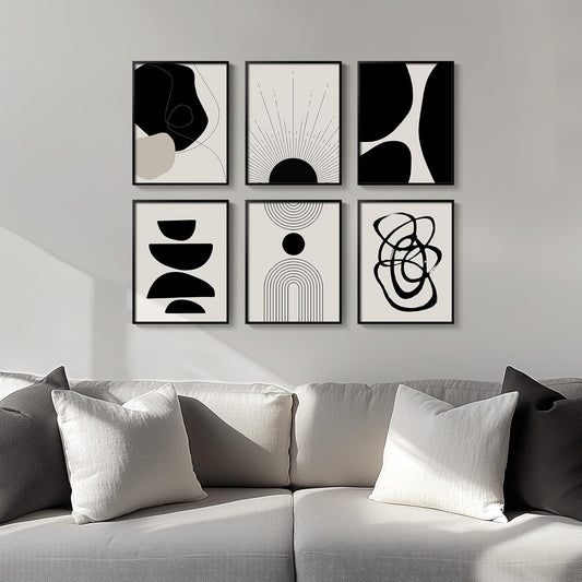 Framed Boho Black and White Abstract Wall Art, Set of 6 Modern Canvas Prints Paintings Artwork for Walls, Minimalist Geometric Pictures for Living Room Bedroom Office Bathroom Wall Decor 11x14 Inch