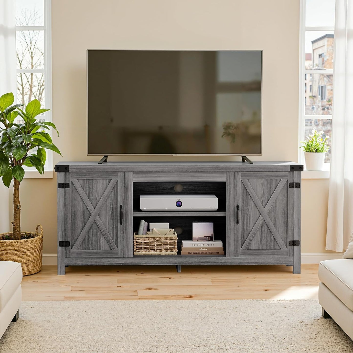 YESHOMY Modern Farmhouse TV Stand with Two Barn Doors and Storage Cabinets for Televisions up to 65+ Inch,Entertainment Center Console Table,Media Furniture for Living Room,58 Inch, Walnut,YH-TS103DWA