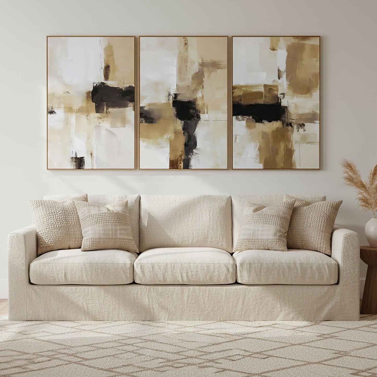 Zessonic Neutral Minimalist Textured 3D Wall Art Abstract Hand-Painted Framed Wall Decor Geometric Artwork Canvas Paintings- Living Room Bedroom Office - Modern Boho Neutral Line 16"x24" 3 piece