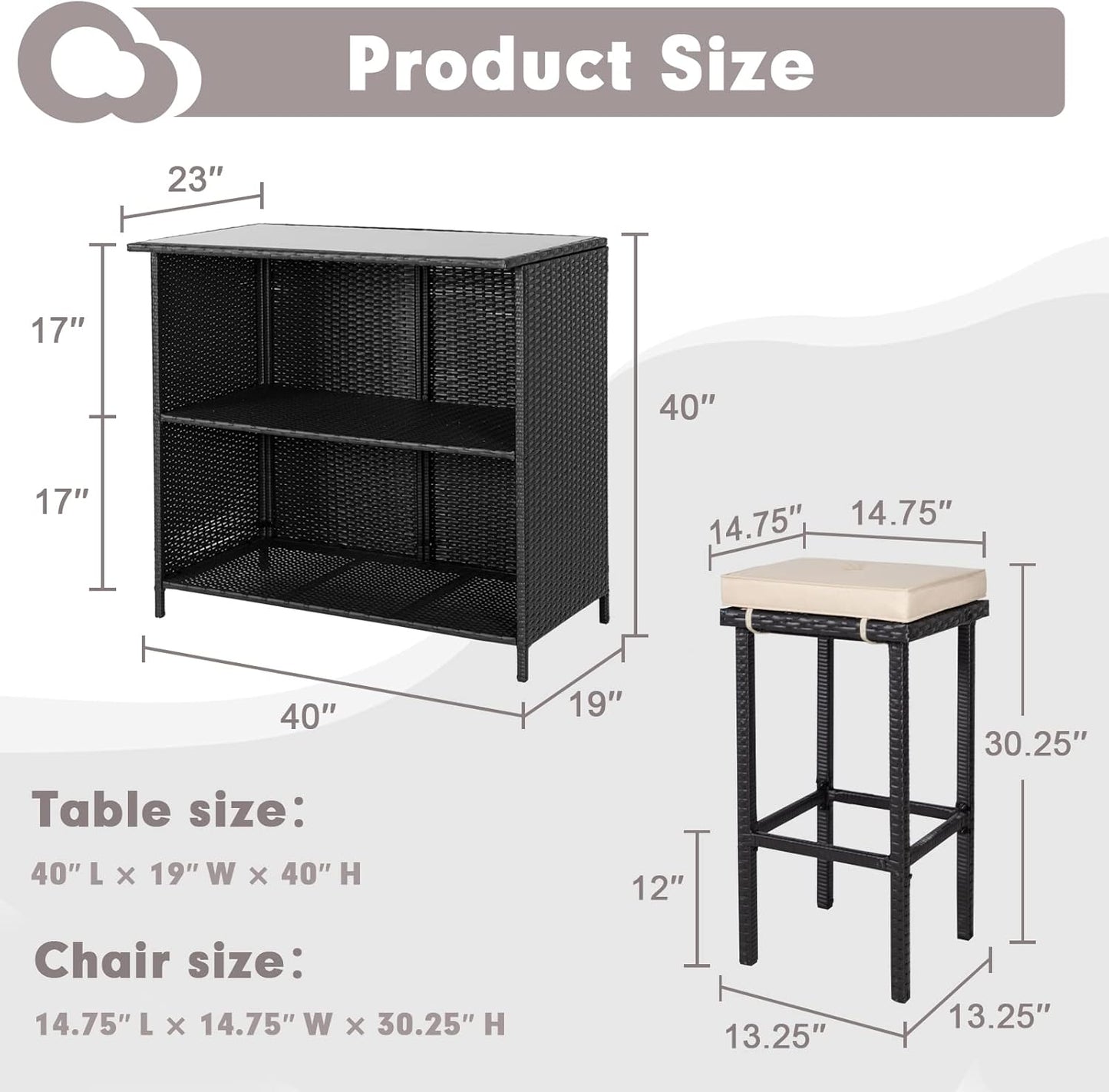 Crownland 3-Piece Wicker Patio Outdoor Bar Set, 2 Stools and 1 Glass Top Table, Bistro Set, Brown Furniture for Deck, Lawn, Backyard